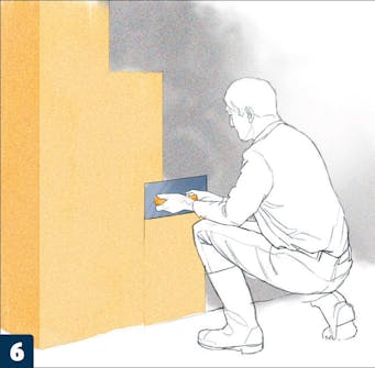 Kingspan isolasjon: Den innfargede mørtelen trekkes på med stålbrett Kingspan isolasjon: Den innfargede mørtelen trekkes på med stålbrett